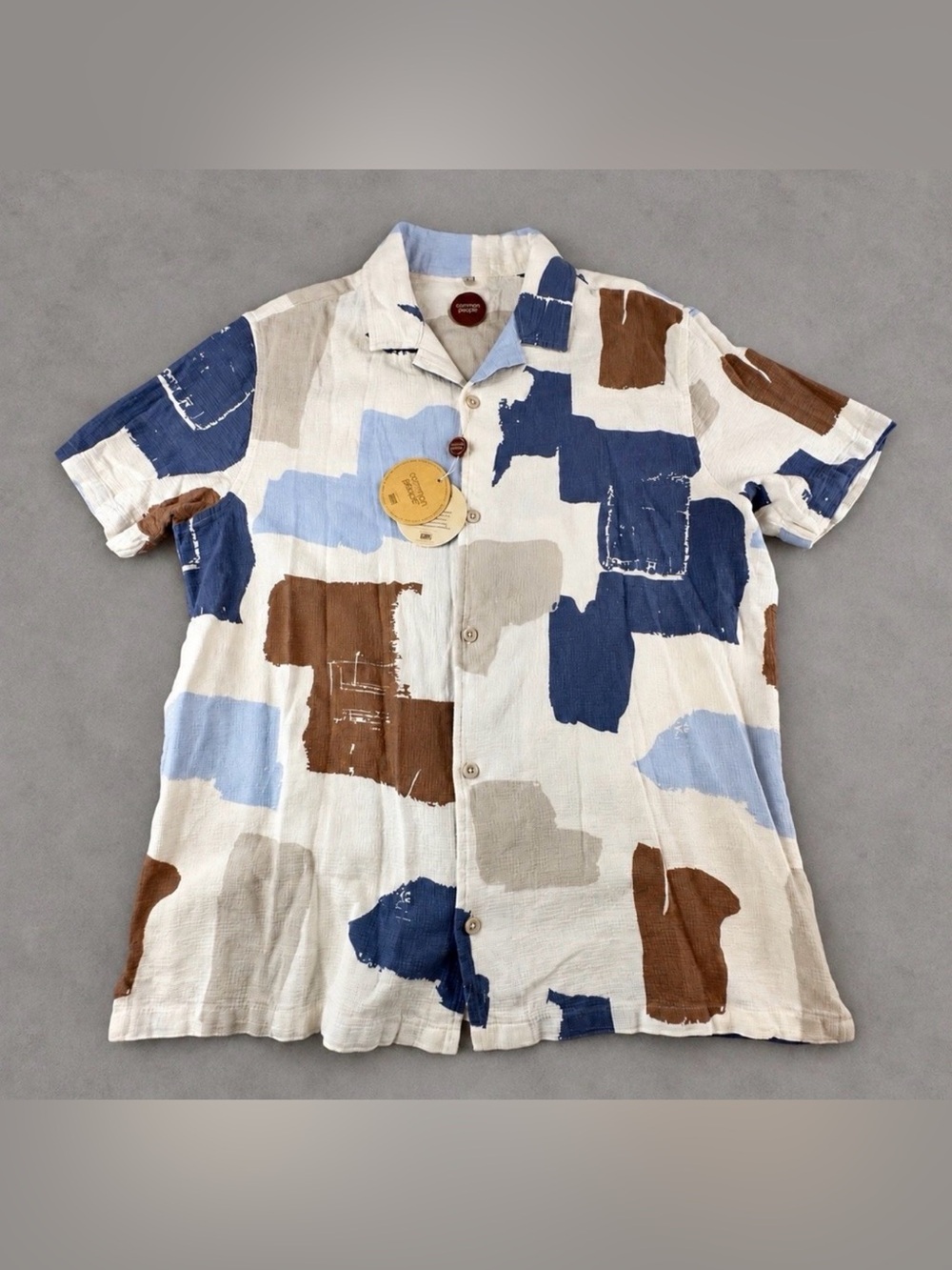 Common People Mens L Cotton Patchwork Abstract Short Sleeve Button Up Shirt